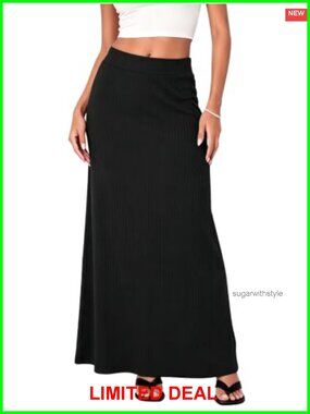 Ribbed Knit High Waist Maxi Skirt Comfy Long Ankle Length Skirt